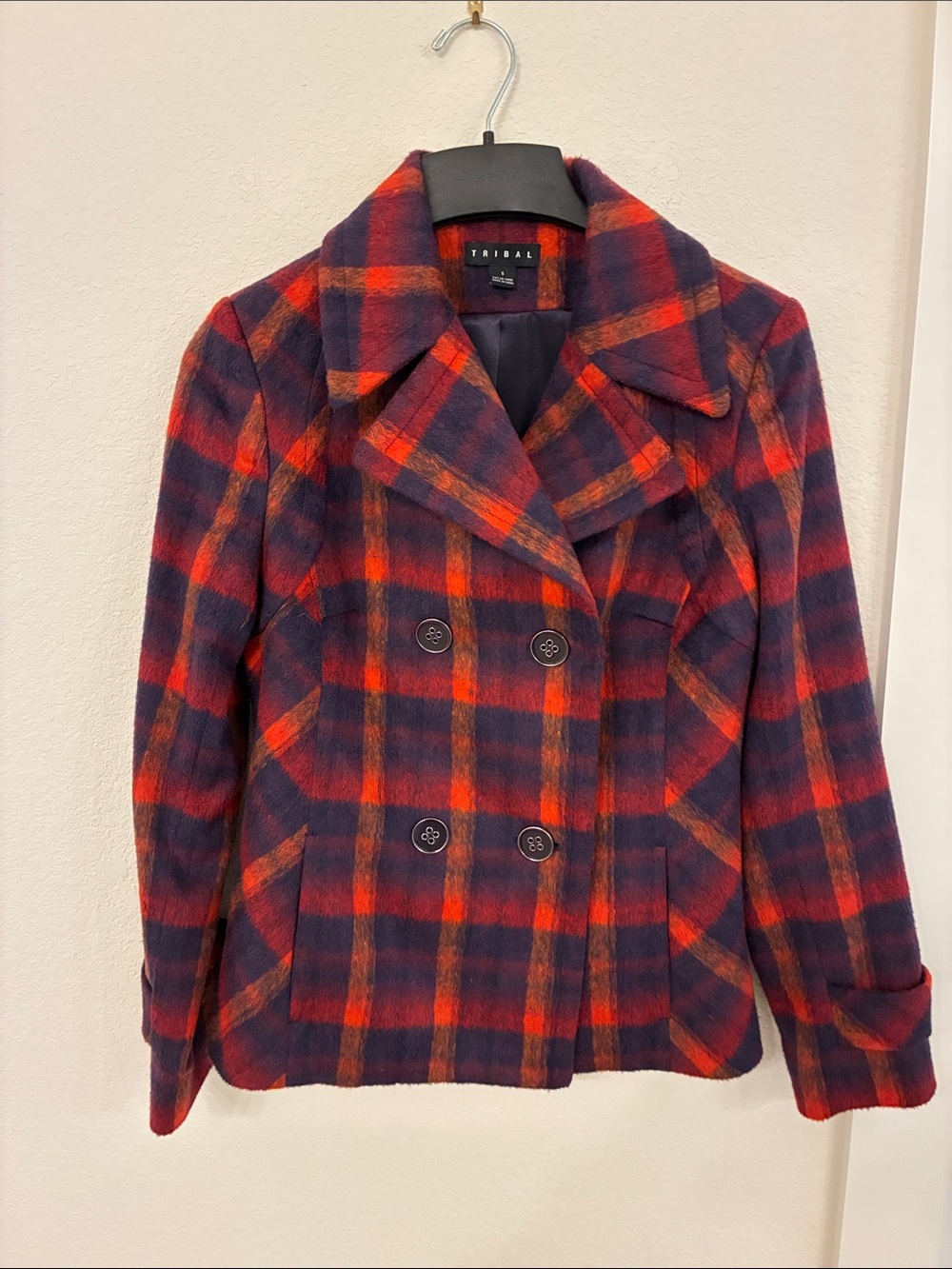 Like New- Tribal Wool‑Blend Plaid Peacoat — Like New — Red/Navy — Size Small